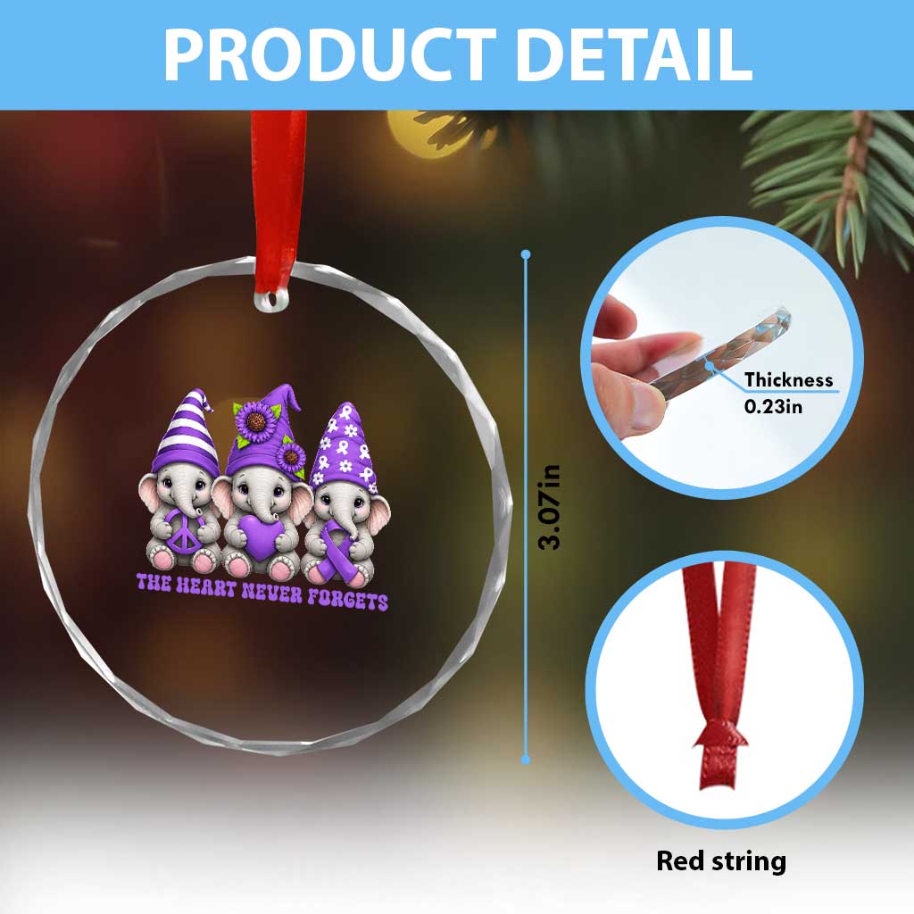 Cute Elephant Gnome Purple Ribbon Alzheimer's Support Crystal Glass Ornament The Heart Never Forgets