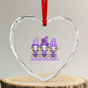 Cute Elephant Gnome Purple Ribbon Alzheimer's Support Heart Crystal Glass Ornament The Heart Never Forgets