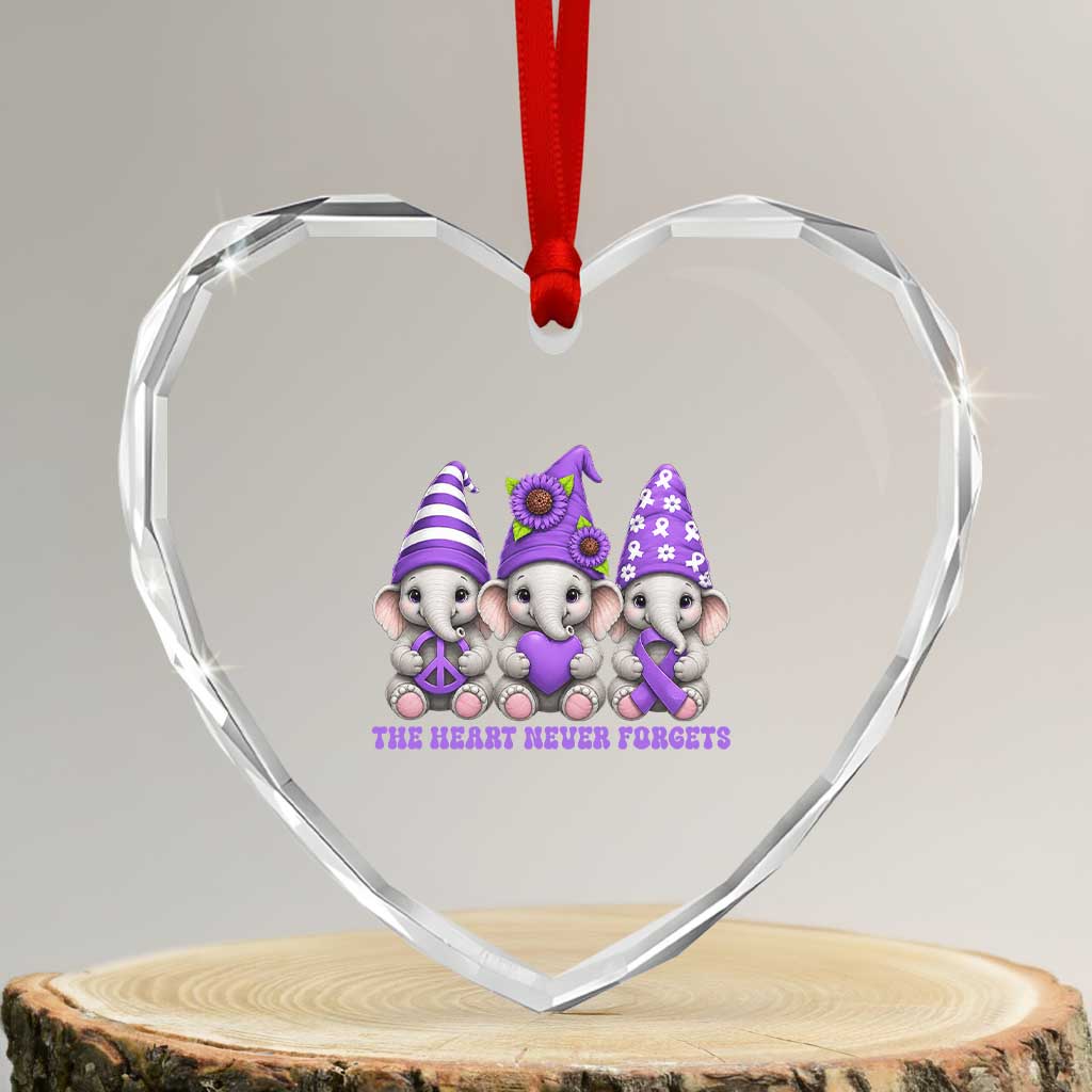Cute Elephant Gnome Purple Ribbon Alzheimer's Support Heart Crystal Glass Ornament The Heart Never Forgets TS12 Transparent Glass 3'' Heart Print Your Wear