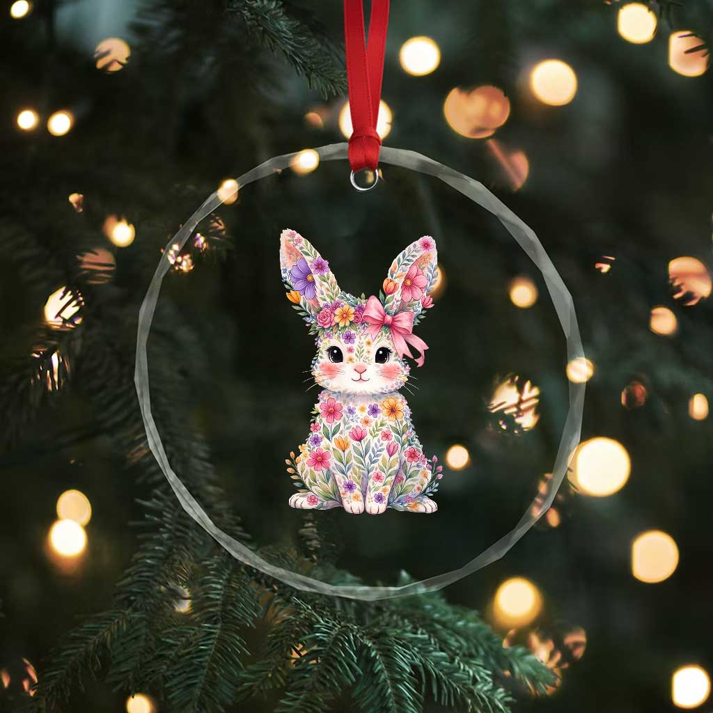Cute Floral Easter Bunny Graphic Crystal Glass Ornament Adorable Spring Rabbit with Flowers Pastel Aesthetic Gift TS02 Print Your Wear