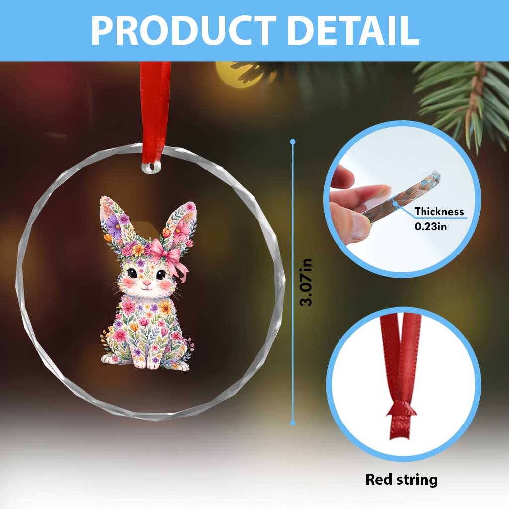 Cute Floral Easter Bunny Graphic Crystal Glass Ornament Adorable Spring Rabbit with Flowers Pastel Aesthetic Gift TS02 Print Your Wear