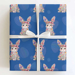 Cute Floral Easter Bunny Graphic Wrapping Paper Roll Adorable Spring Rabbit with Flowers Pastel Aesthetic Gift TS02 Royal Blue Print Your Wear
