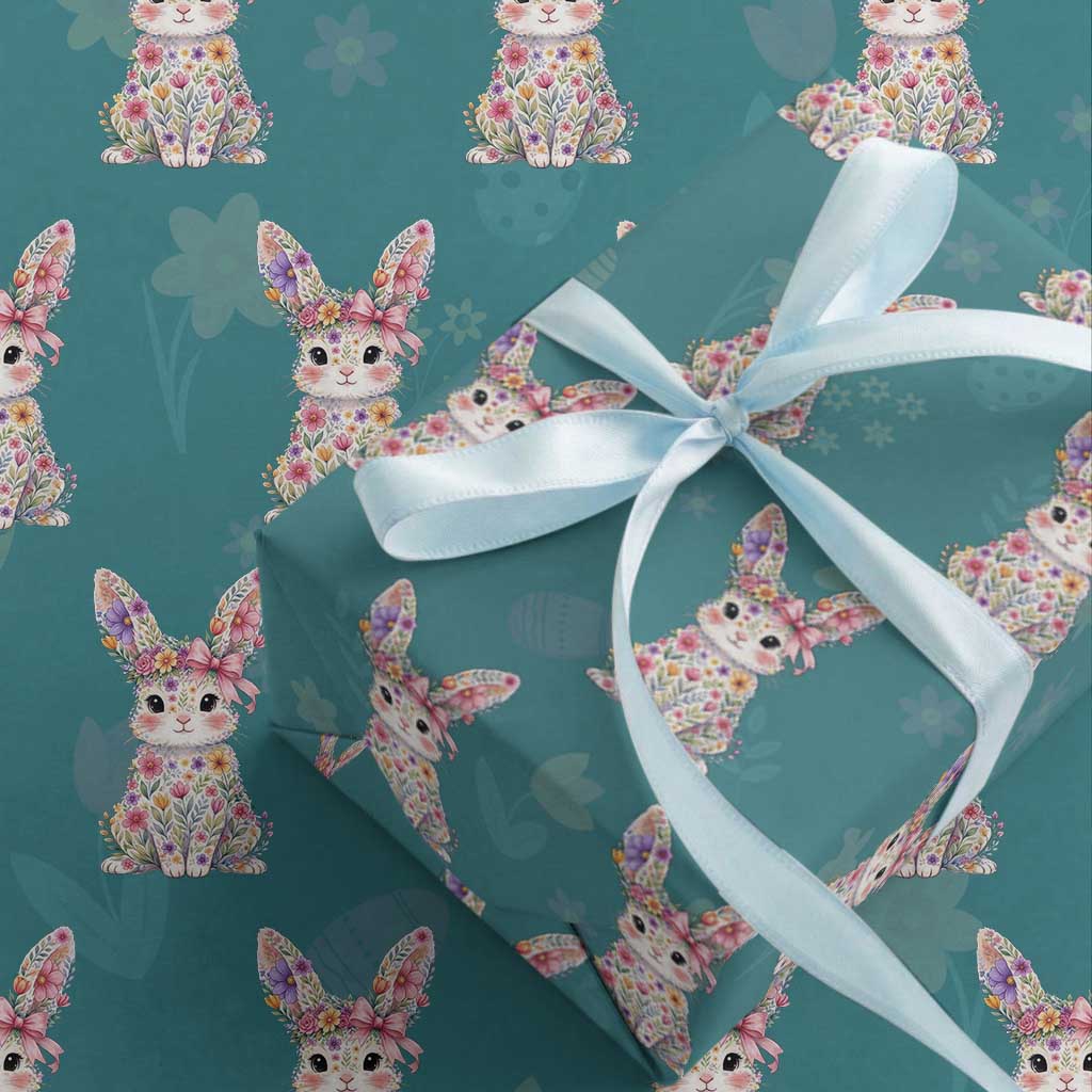 Cute Floral Easter Bunny Graphic Wrapping Paper Roll Adorable Spring Rabbit with Flowers Pastel Aesthetic Gift TS02 Teal Print Your Wear