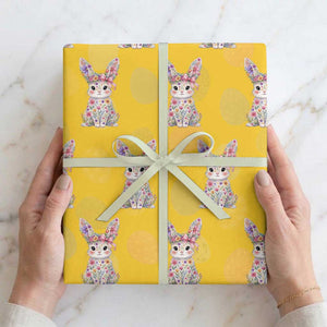 Cute Floral Easter Bunny Graphic Wrapping Paper Roll Adorable Spring Rabbit with Flowers Pastel Aesthetic Gift TS02 Yellow Print Your Wear