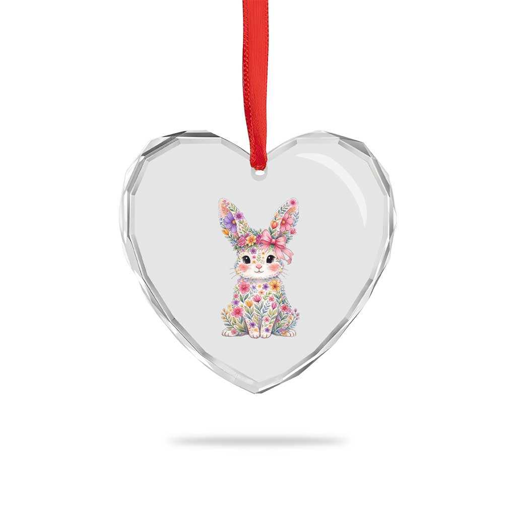 Cute Floral Easter Bunny Graphic Heart Crystal Glass Ornament Adorable Spring Rabbit with Flowers Pastel Aesthetic Gift TS02 Print Your Wear