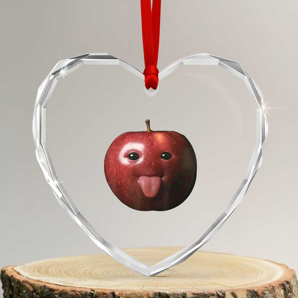 Cute Freaky Apple with Tongue Out Heart Crystal Glass Ornament Funny Goofy AI Fruit Meme TS02 Transparent Glass 3'' Heart Print Your Wear
