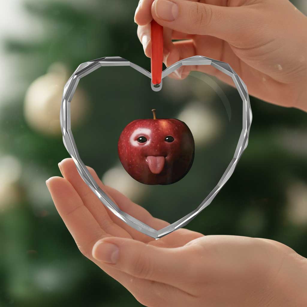 Cute Freaky Apple with Tongue Out Heart Crystal Glass Ornament Funny Goofy AI Fruit Meme TS02 Print Your Wear