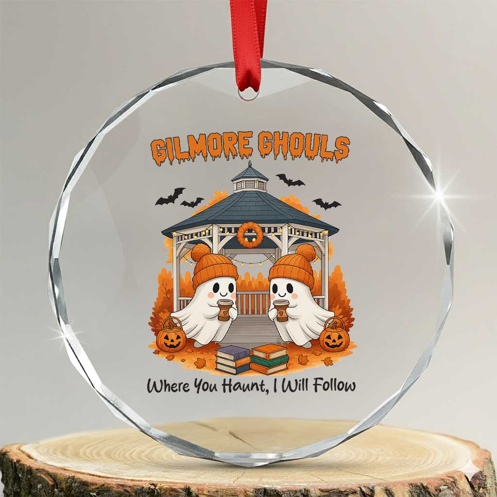 Cute Gilmore Ghouls Halloween Ghost Crystal Glass Ornament Cozy Fall Aesthetic with Pumpkin Spice and Books TS02 Transparent Glass 3'' Circle Print Your Wear