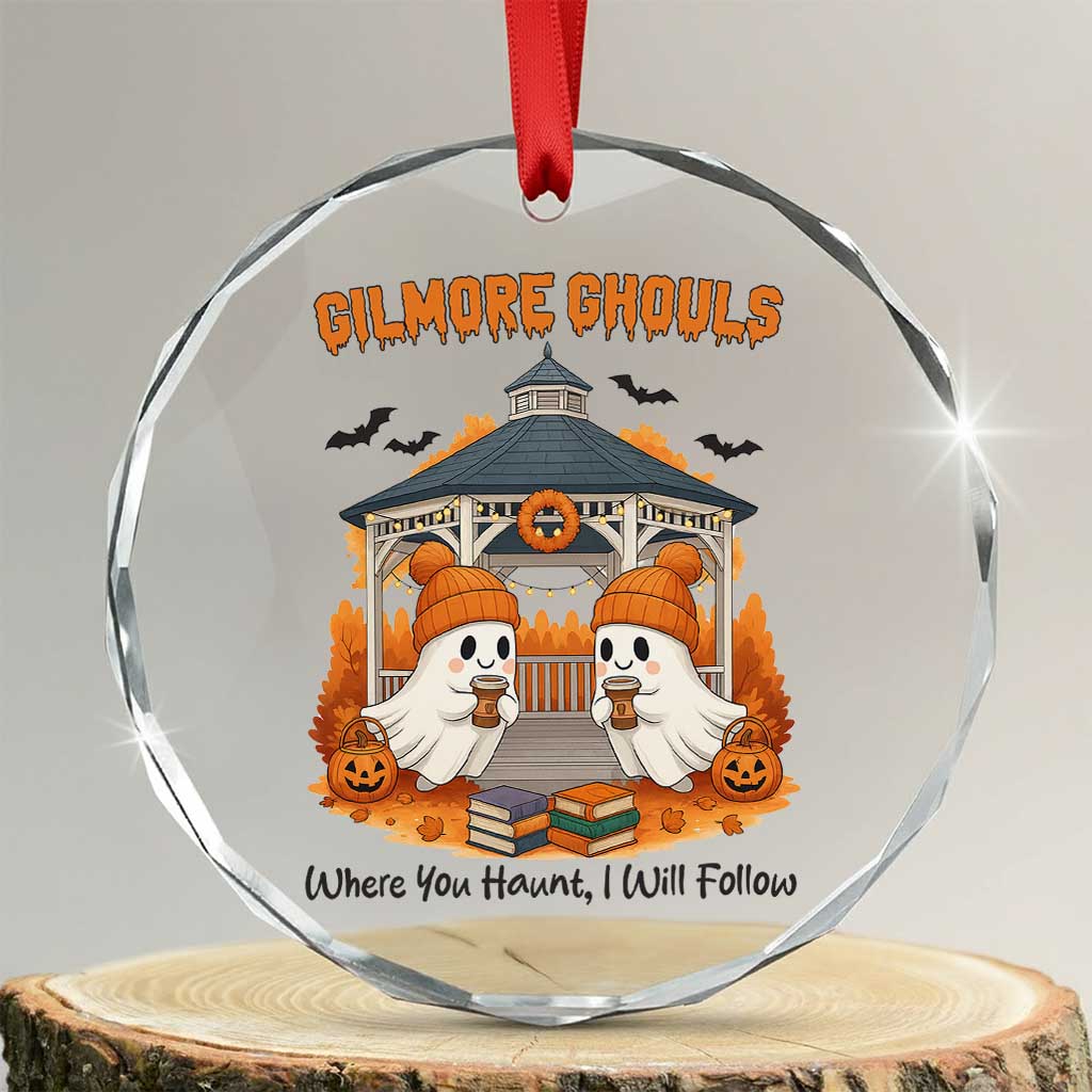 Cute Gilmore Ghouls Halloween Ghost Crystal Glass Ornament Cozy Fall Aesthetic with Pumpkin Spice and Books TS02 Transparent Glass 3'' Circle Print Your Wear