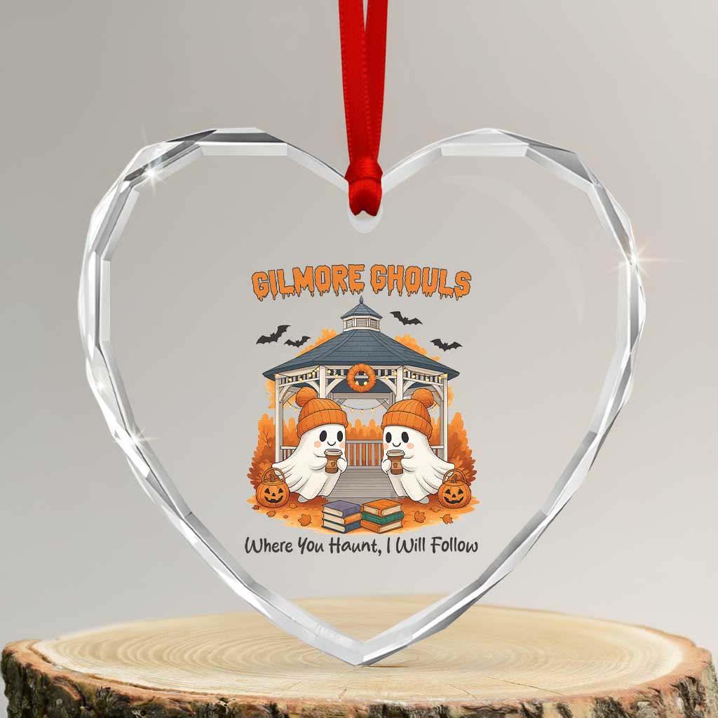 Cute Gilmore Ghouls Halloween Ghost Heart Crystal Glass Ornament Cozy Fall Aesthetic with Pumpkin Spice and Books TS02 Transparent Glass 3'' Heart Print Your Wear