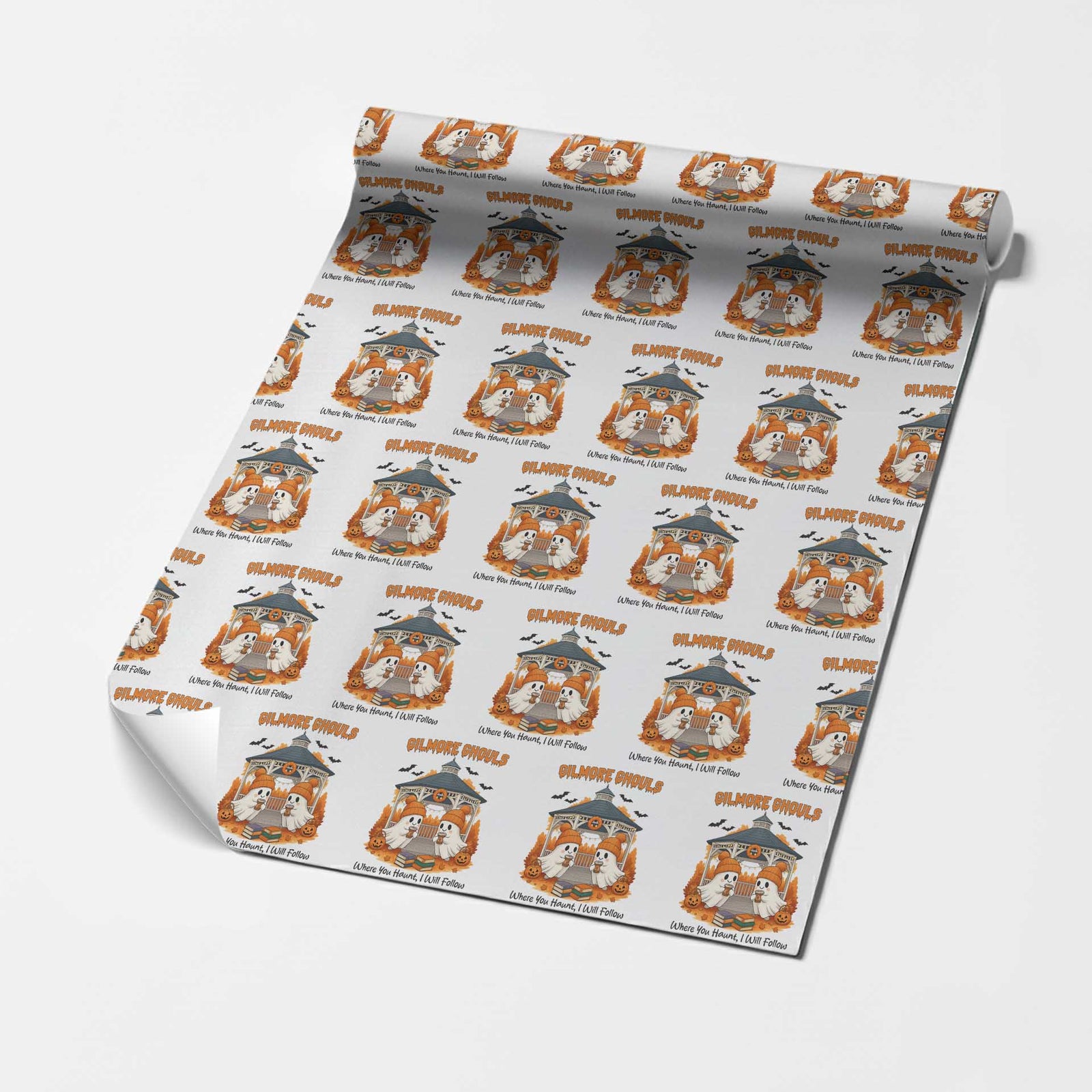 Cute Gilmore Ghouls Halloween Ghost Wrapping Paper Roll Cozy Fall Aesthetic with Pumpkin Spice and Books TS02 White Print Your Wear