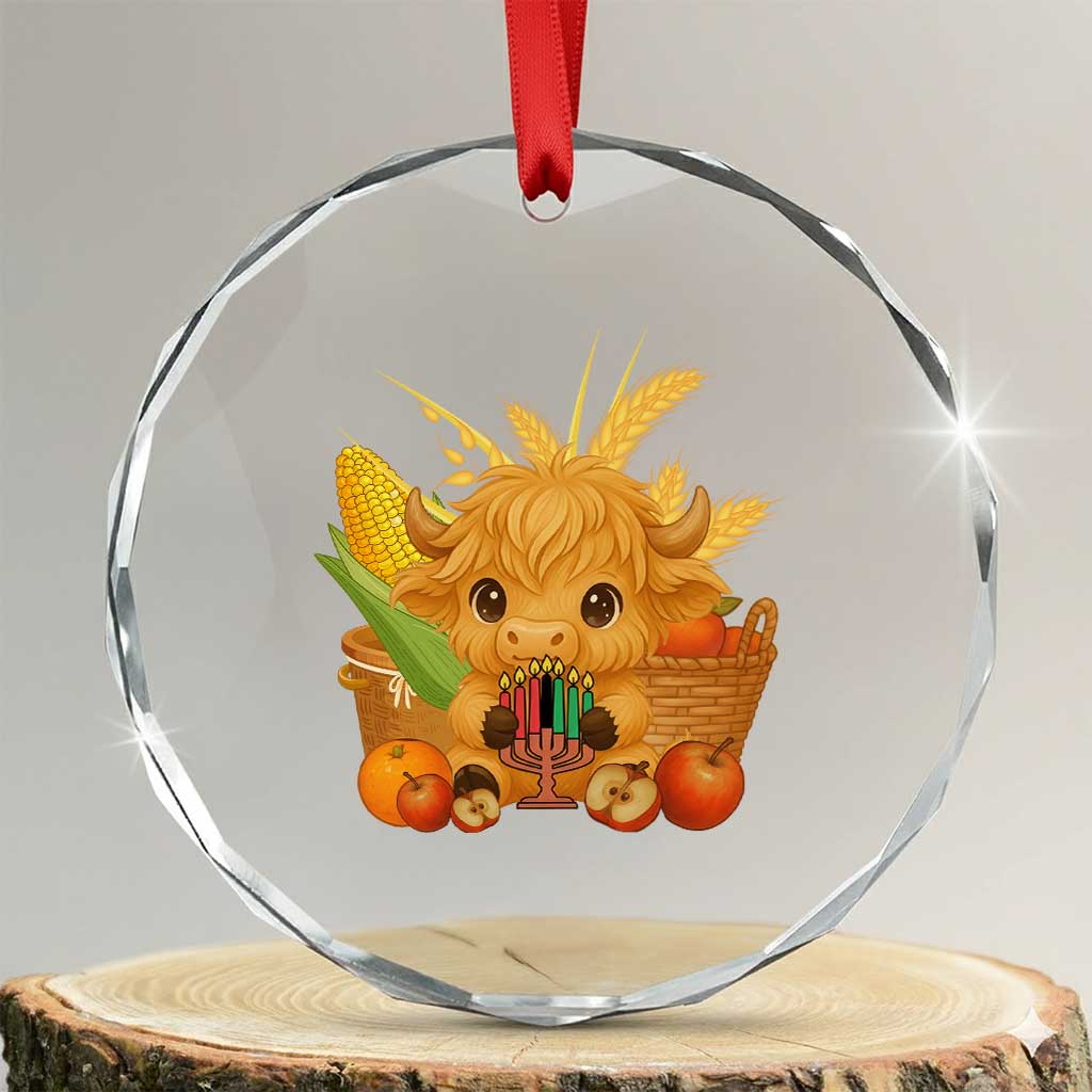Cute Highland Cow With Kwanzaa Kinara And Presents Crystal Glass Ornament African Heritage Gift TS12 Transparent Glass 3'' Circle Print Your Wear
