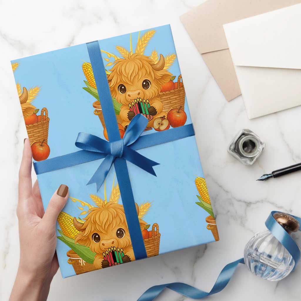 Cute Highland Cow With Kwanzaa Kinara And Presents Wrapping Paper Roll African Heritage Gift TS12 Light Blue Print Your Wear