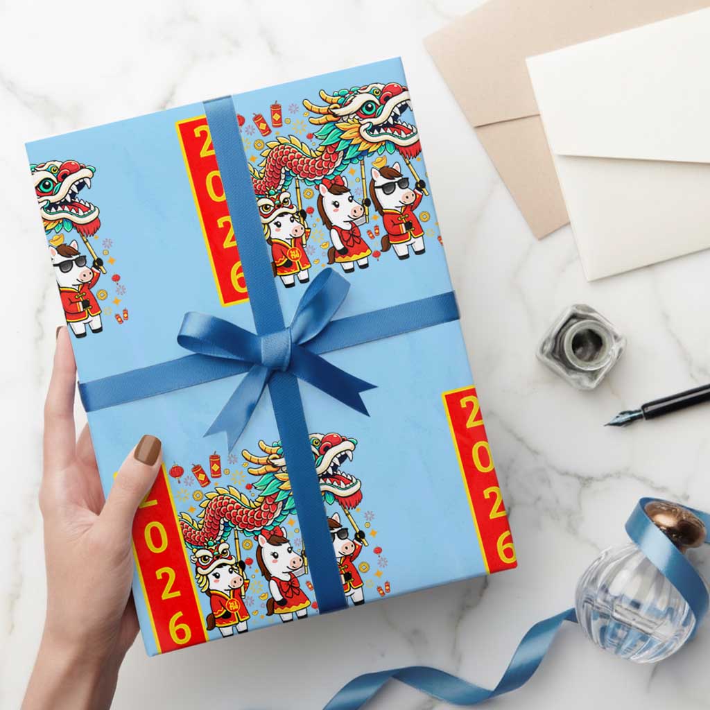 Cute Horse Dragon Dance Wrapping Paper Roll Lunar New Year TS12 Light Blue Print Your Wear