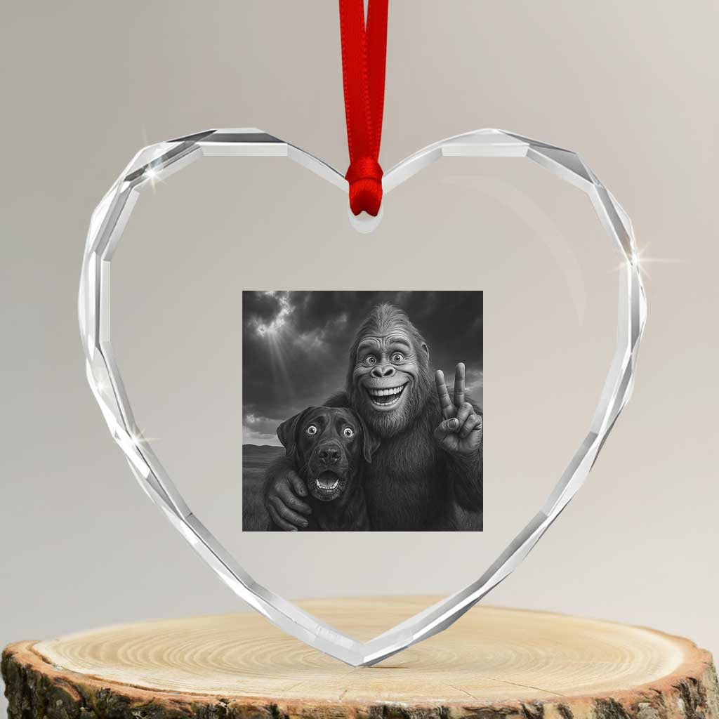 Cute Labrador Selfie With Bigfoot Heart Crystal Glass Ornament Funny Cryptid TS12 Transparent Glass 3'' Heart Print Your Wear