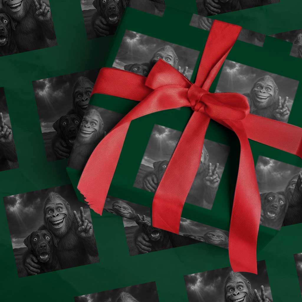 Cute Labrador Selfie With Bigfoot Wrapping Paper Roll Funny Cryptid TS12 Green Print Your Wear
