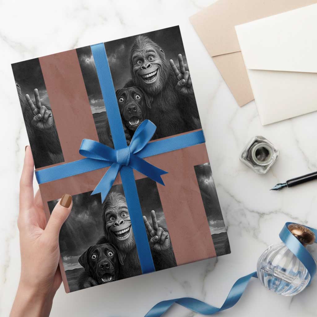 Cute Labrador Selfie With Bigfoot Wrapping Paper Roll Funny Cryptid TS12 Mocha Print Your Wear