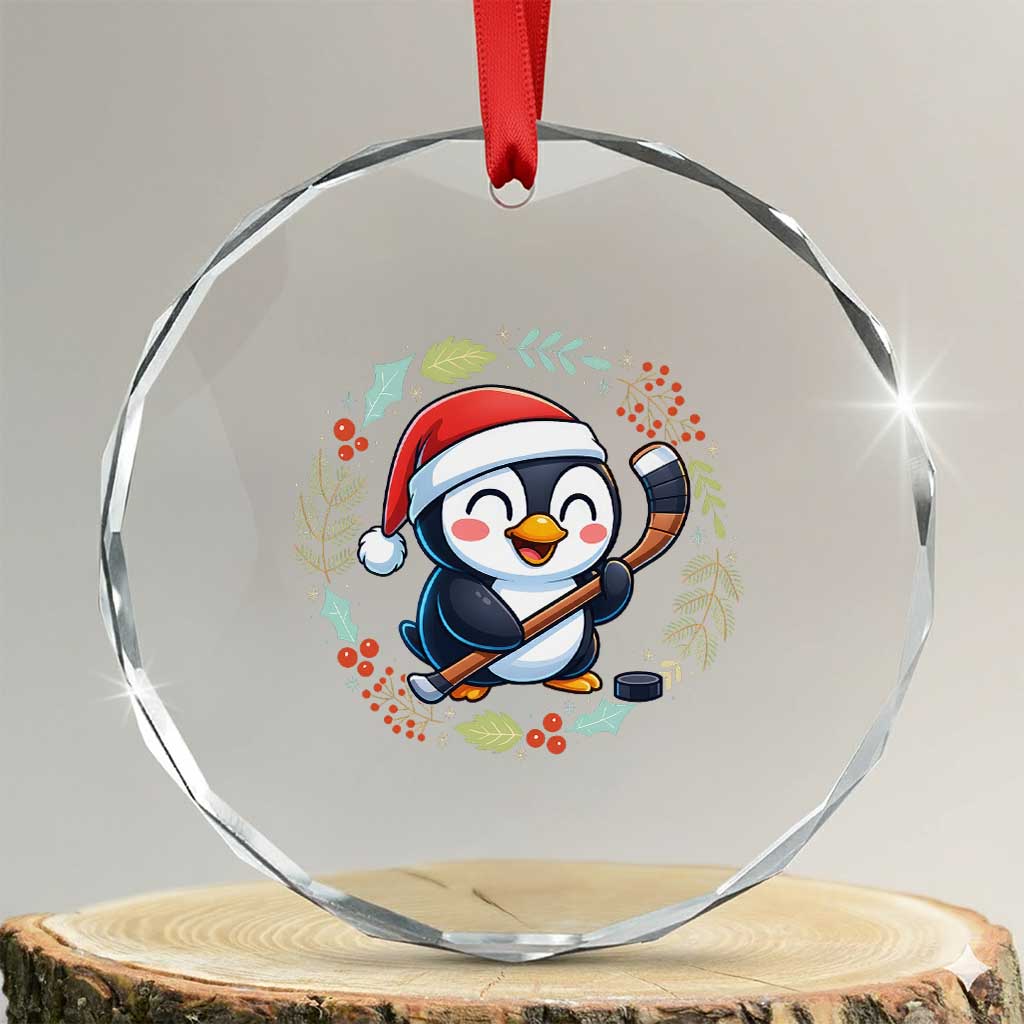 Cute Penguin Playing Ice Hockey Crystal Glass Ornament Funny Christmas Gift TS12 Transparent Glass 3'' Circle Print Your Wear
