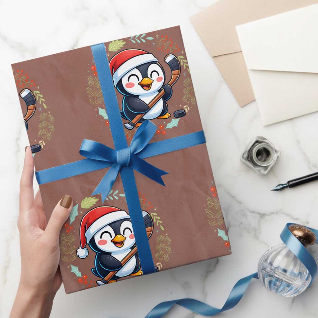 Cute Penguin Playing Ice Hockey Wrapping Paper Roll Funny Christmas Gift TS12 Mocha Print Your Wear