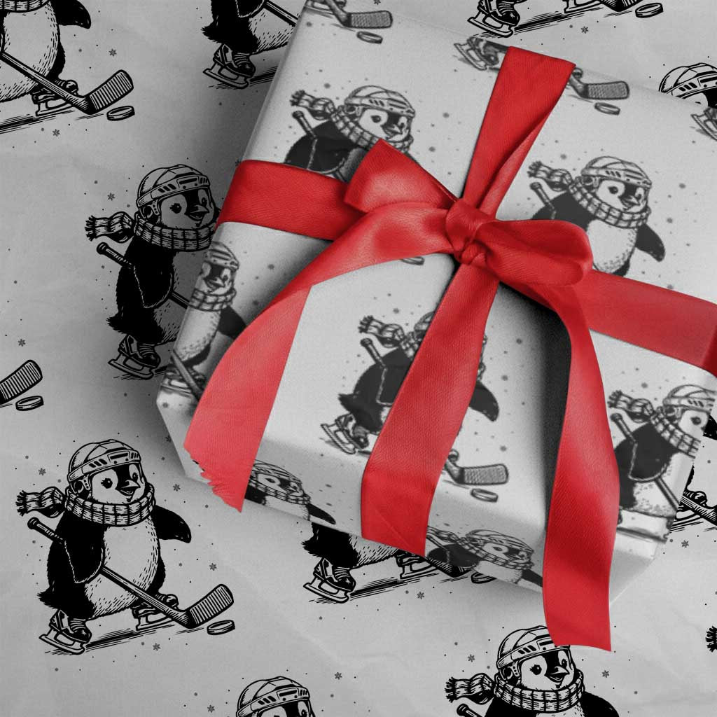 Cute Penguin Playing Ice Hockey Wrapping Paper Roll Funny Sports Lover Gift TS12 White Print Your Wear