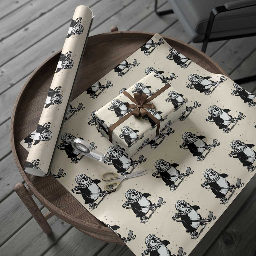 Cute Penguin Playing Ice Hockey Wrapping Paper Roll Funny Sports Lover Gift TS12 Beige Print Your Wear