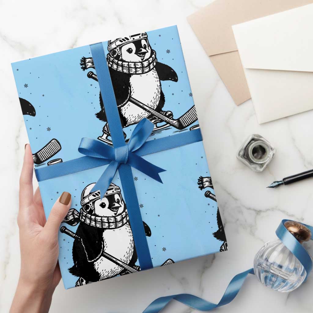 Cute Penguin Playing Ice Hockey Wrapping Paper Roll Funny Sports Lover Gift TS12 Light Blue Print Your Wear