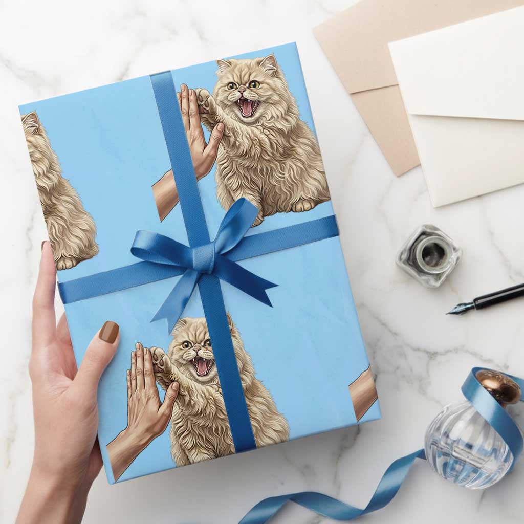Cute Persian Cat High Five Wrapping Paper Roll Cat Lover TS12 Light Blue Print Your Wear