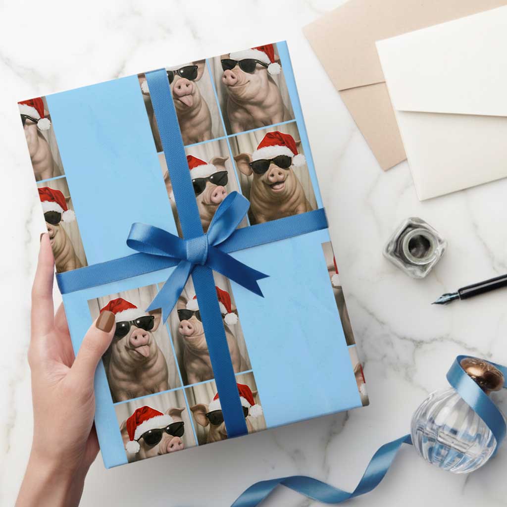 Cute Pig Christmas Selfie Wrapping Paper Roll Funny Holiday Photobooth Gift TS12 Light Blue Print Your Wear