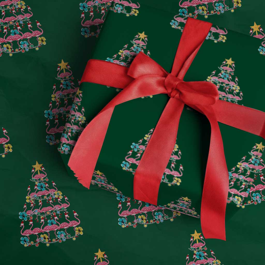 Cute Pink Flamingo Xmas Tree Wrapping Paper Roll With Hibiscus Merry Xmas TS02 Green Print Your Wear