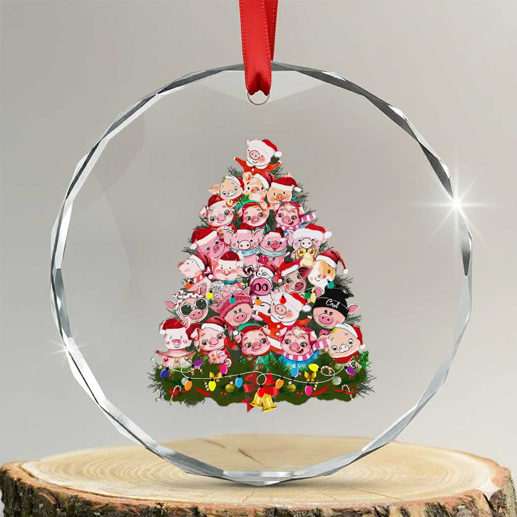 Cute Pink Pigs Xmas Tree Crystal Glass Ornament Funny Farmer Xmas Lights Festive Vibe TS02 Transparent Glass 3'' Circle Print Your Wear