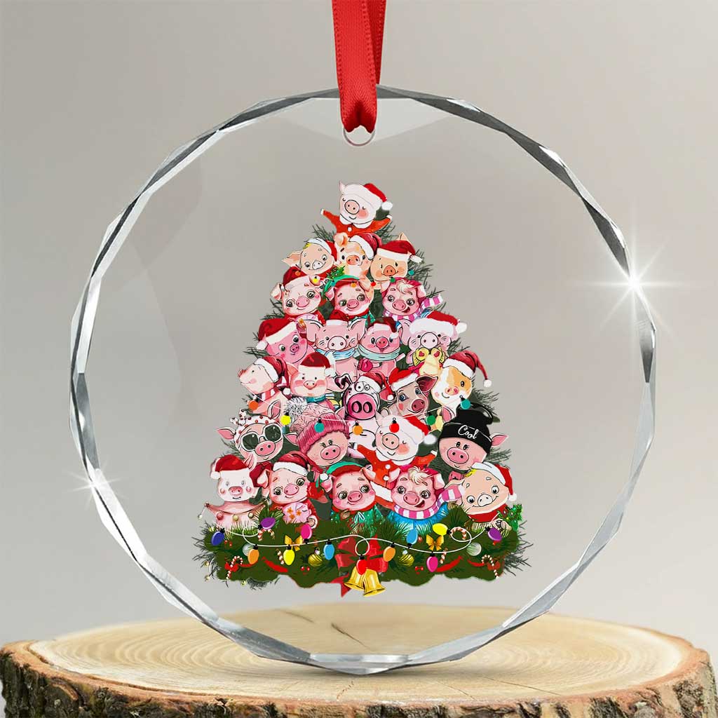 Cute Pink Pigs Xmas Tree Crystal Glass Ornament Funny Farmer Xmas Lights Festive Vibe TS02 Transparent Glass 3'' Circle Print Your Wear