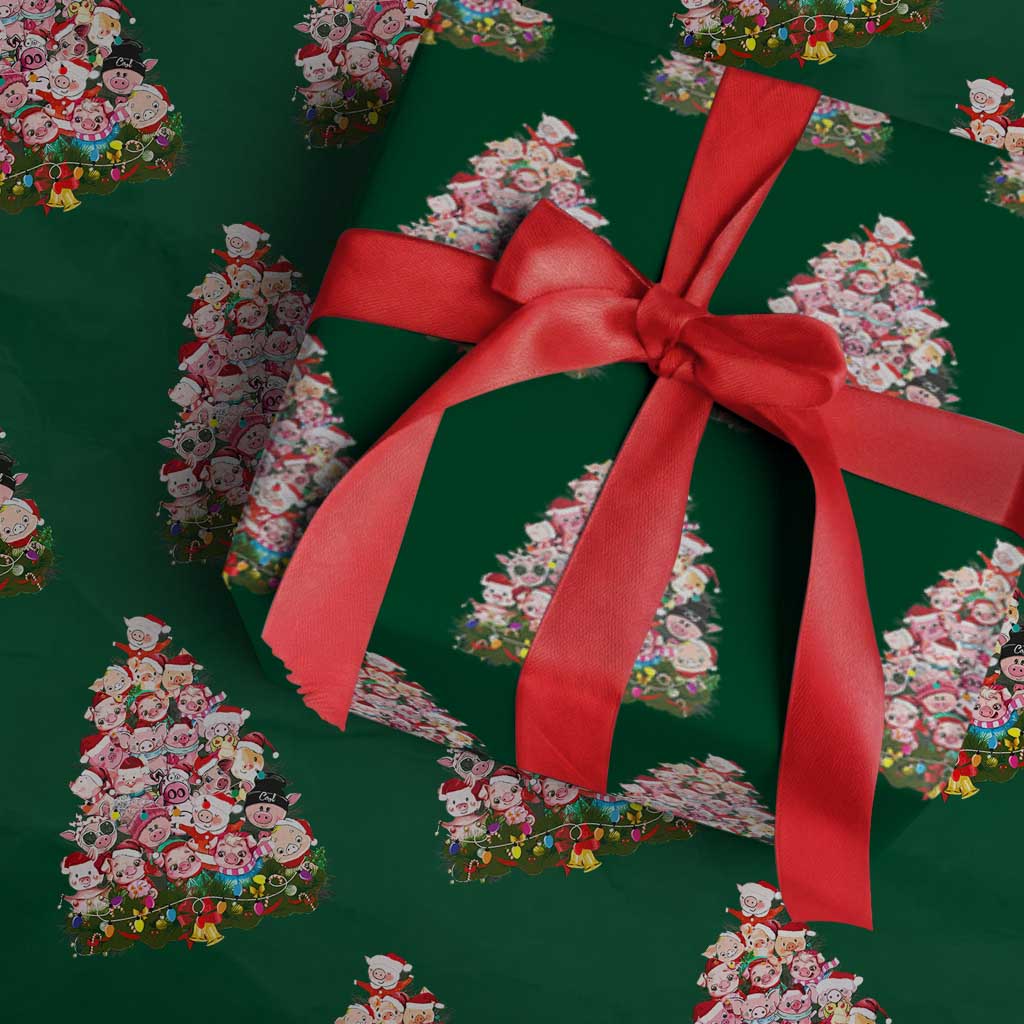 Cute Pink Pigs Xmas Tree Wrapping Paper Roll Funny Farmer Xmas Lights Festive Vibe TS02 Green Print Your Wear
