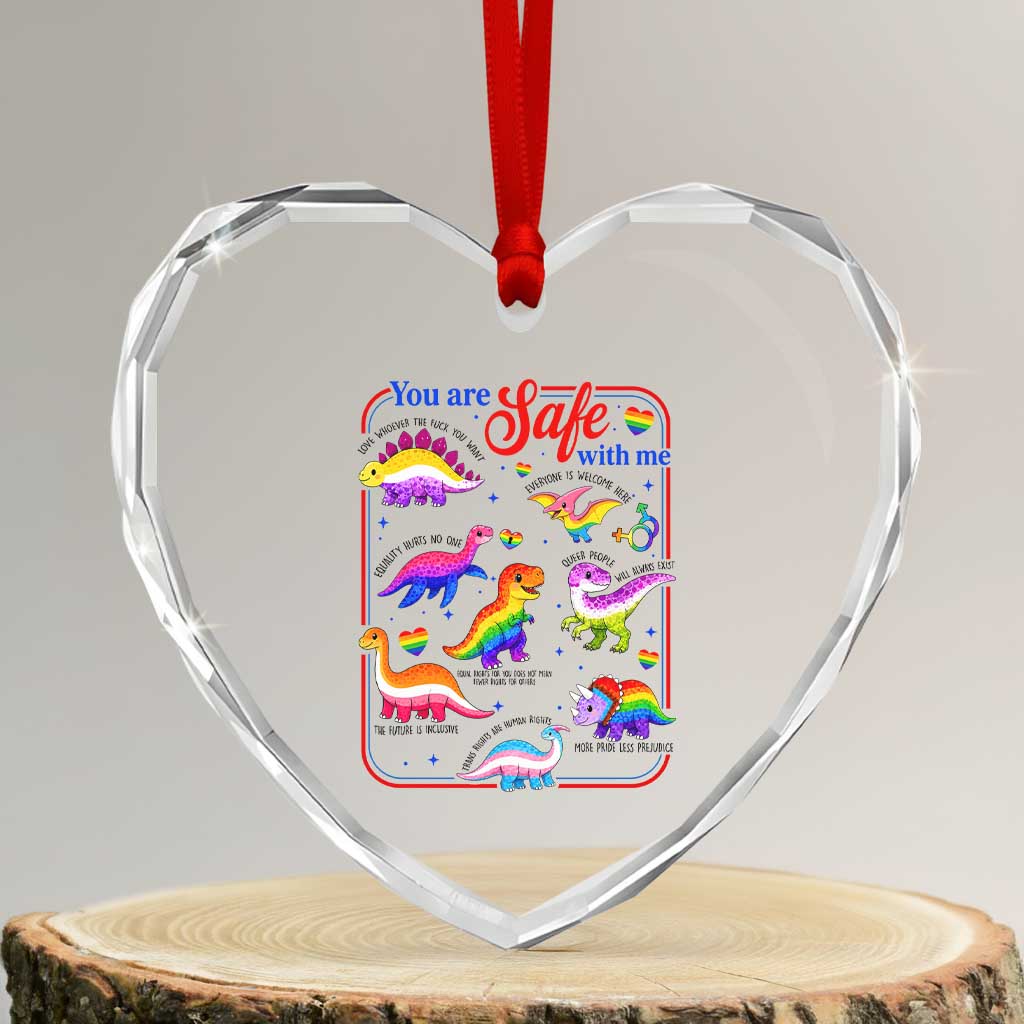 Cute Rainbow Dinosaur LGBTQ Ally Heart Crystal Glass Ornament You Are Safe With Me Pride Month