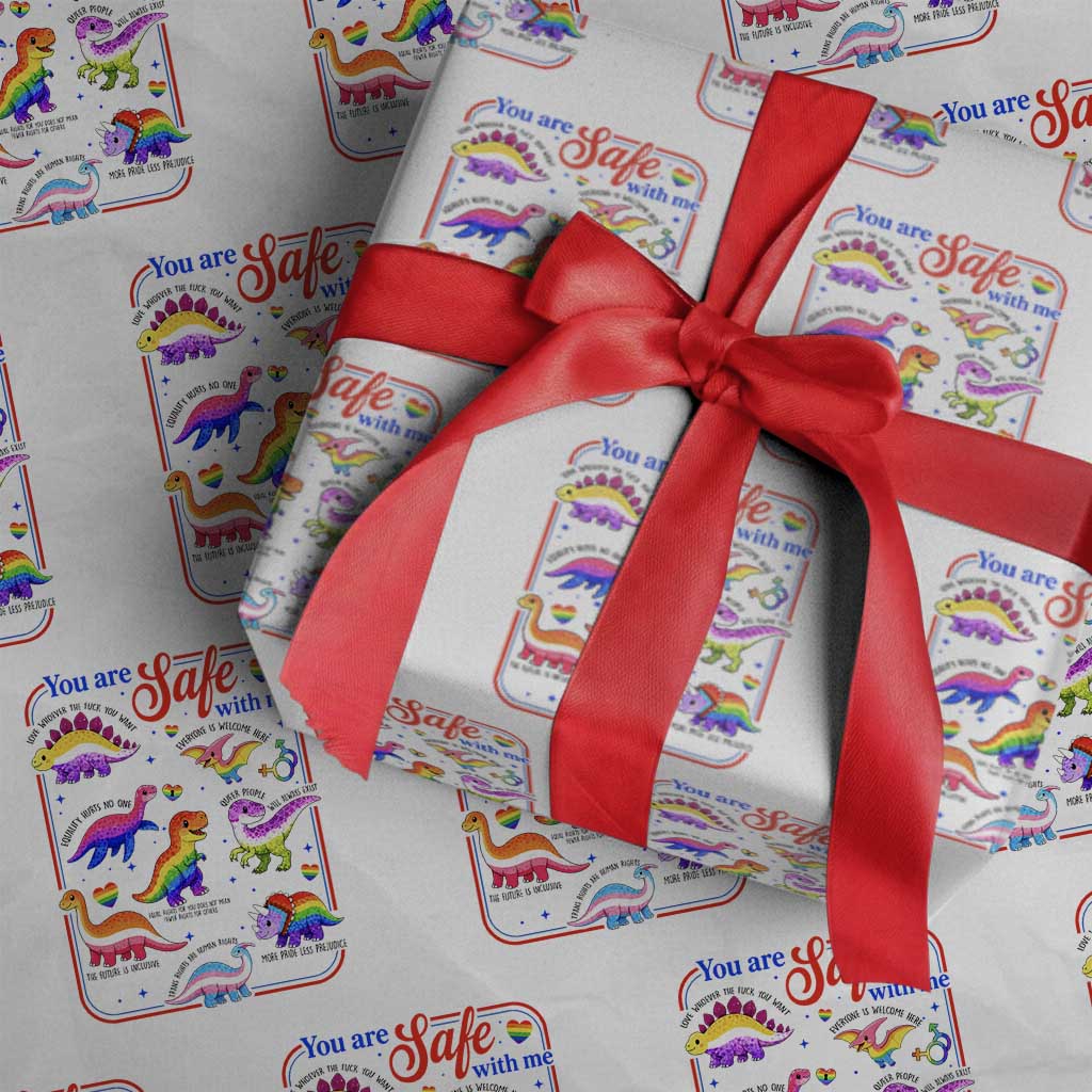 Cute Rainbow Dinosaur LGBTQ Ally Wrapping Paper Roll You Are Safe With Me Pride Month TS02 White Print Your Wear
