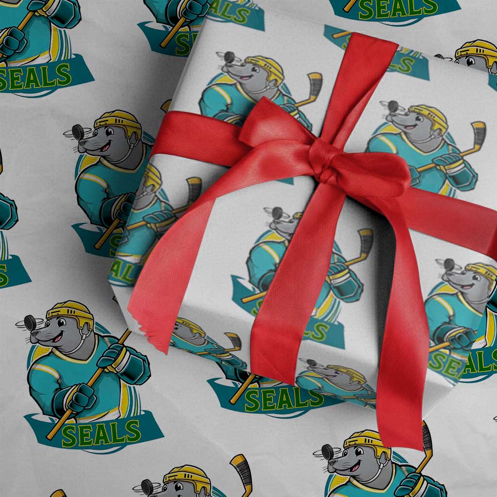 Cute Seal Playing Ice Hockey Wrapping Paper Roll Funny Winter Sports Gift TS12 White Print Your Wear