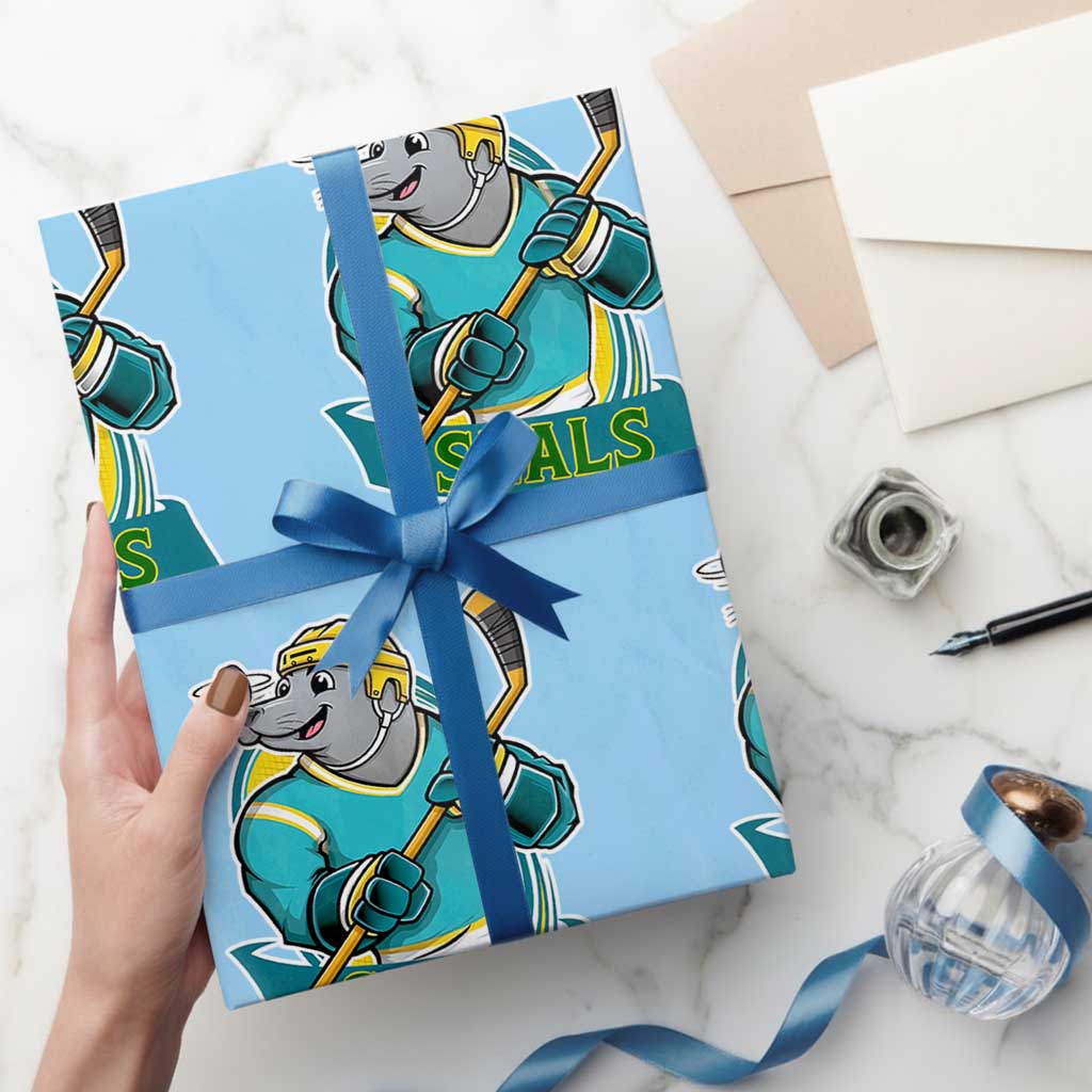 Cute Seal Playing Ice Hockey Wrapping Paper Roll Funny Winter Sports Gift TS12 Light Blue Print Your Wear