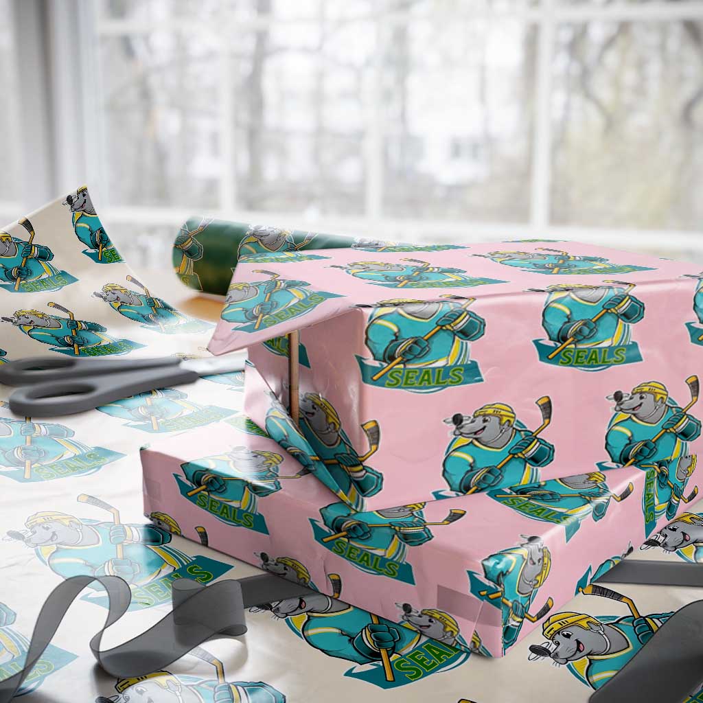 Cute Seal Playing Ice Hockey Wrapping Paper Roll Funny Winter Sports Gift TS12 Light Pink Print Your Wear