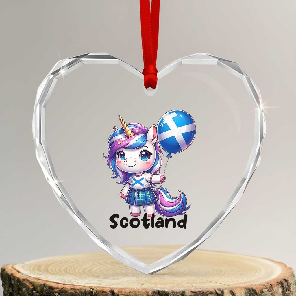 Cute Unicorn Wearing Tartan Kilt Holding Saltire Flag Graphic Heart Crystal Glass Ornament