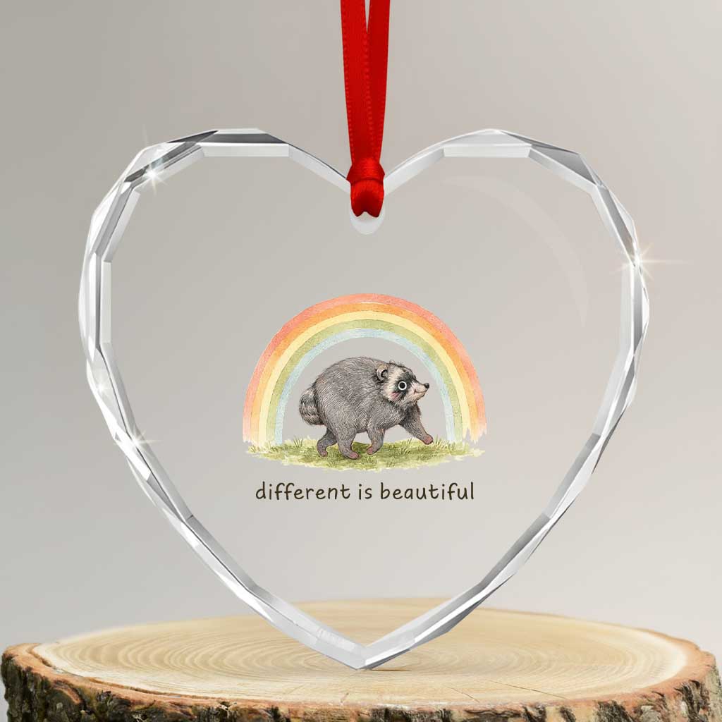 Cute Viral Raccoon Positive Quote Heart Crystal Glass Ornament Different Is Beautiful Pastel Rainbow Graphic TS02 Transparent Glass 3'' Heart Print Your Wear