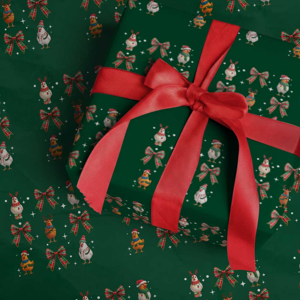 Cute Xmas Chicken With Xmas Coquette Bow Wrapping Paper Roll TS12 Green Print Your Wear