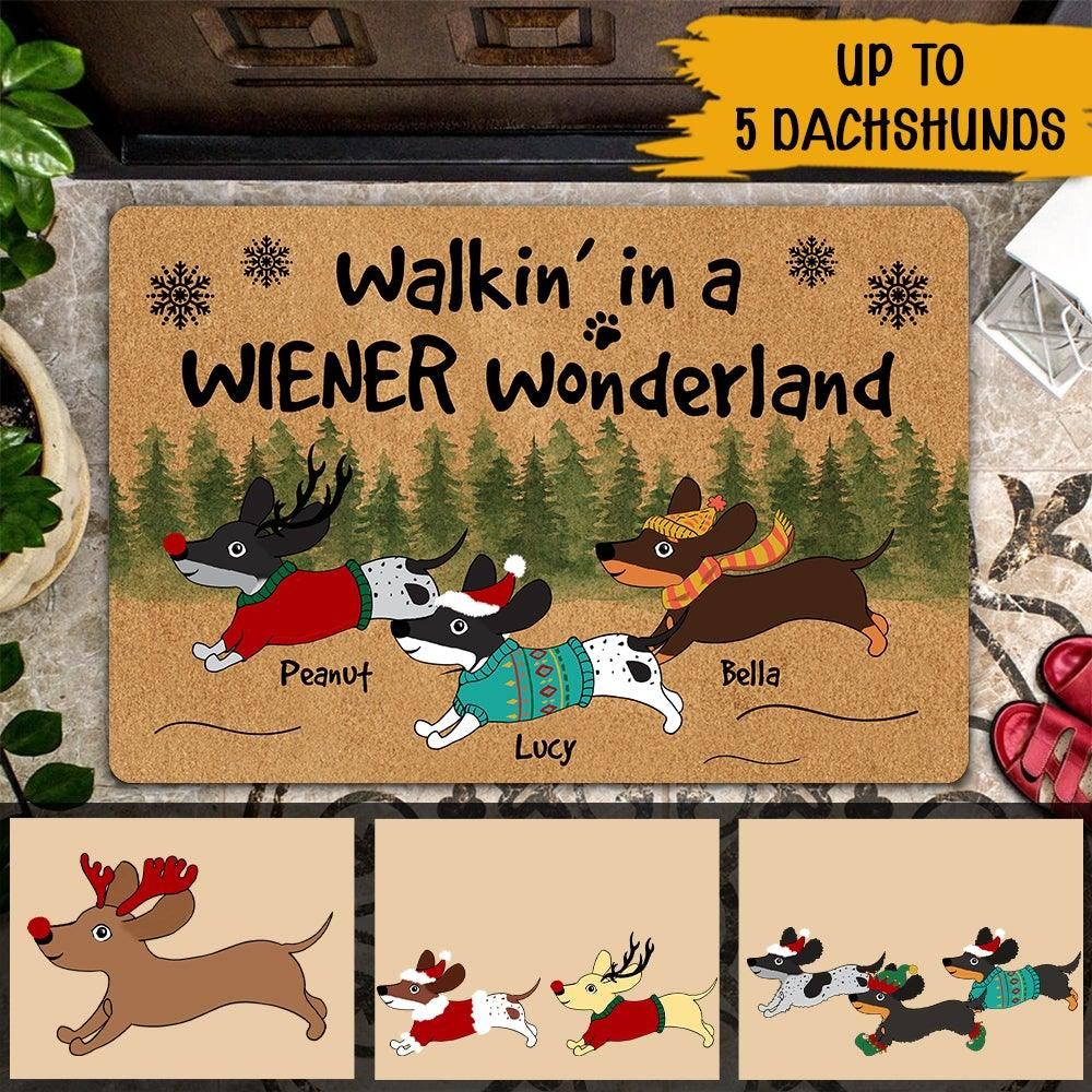 Personalized Christmas Doormat Walkin In A Wiener Wonderland, Gift For Dog Lovers CTM Custom - Printyourwear