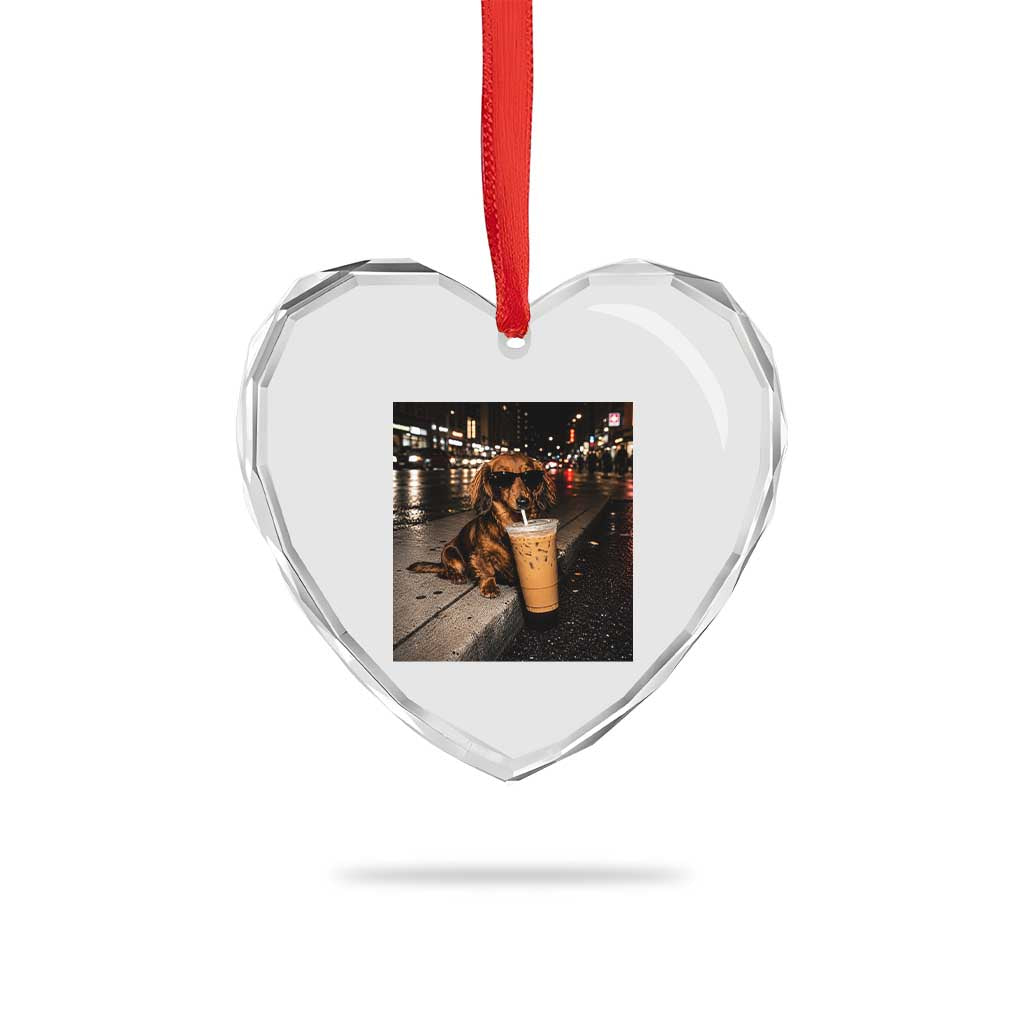 Dachshund Iced Coffee Heart Crystal Glass Ornament Grunge Meme Graphic Funny Weiner Dog Lovers Dad