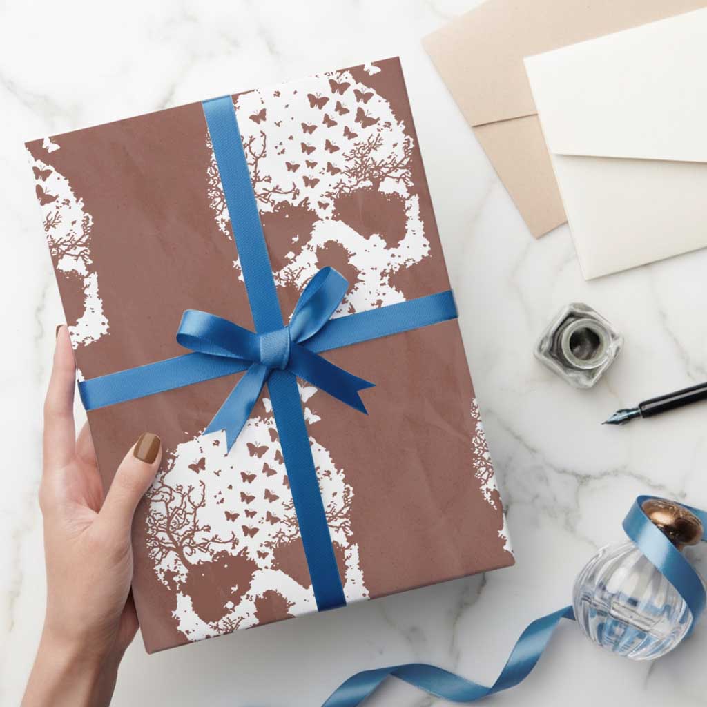 Dark Gothic Graphic Skull Floral Butterfly Wrapping Paper Roll TS12 Mocha Print Your Wear