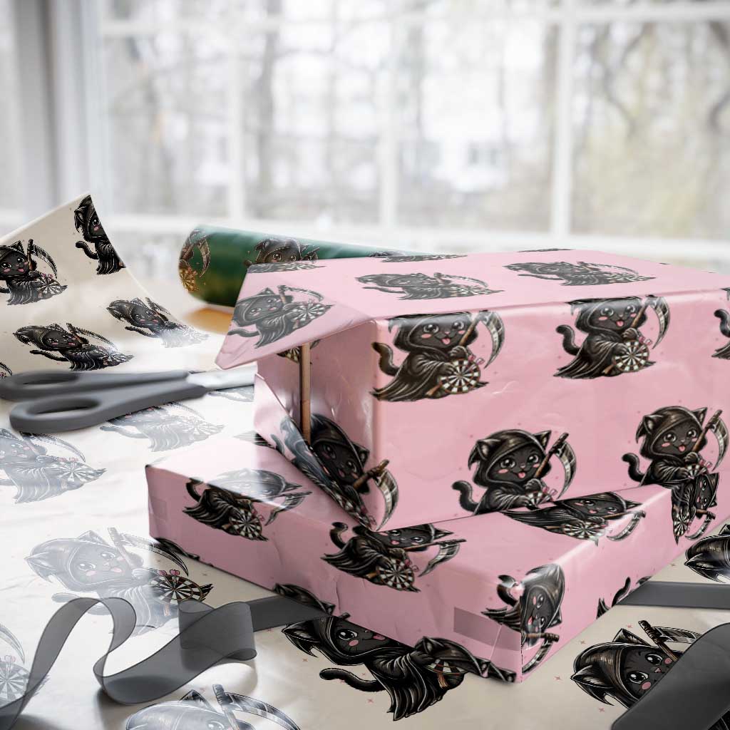 Dark Reaper Cat Throwing Darts Wrapping Paper Roll Funny Pub Game Gift - Print Your Wear
