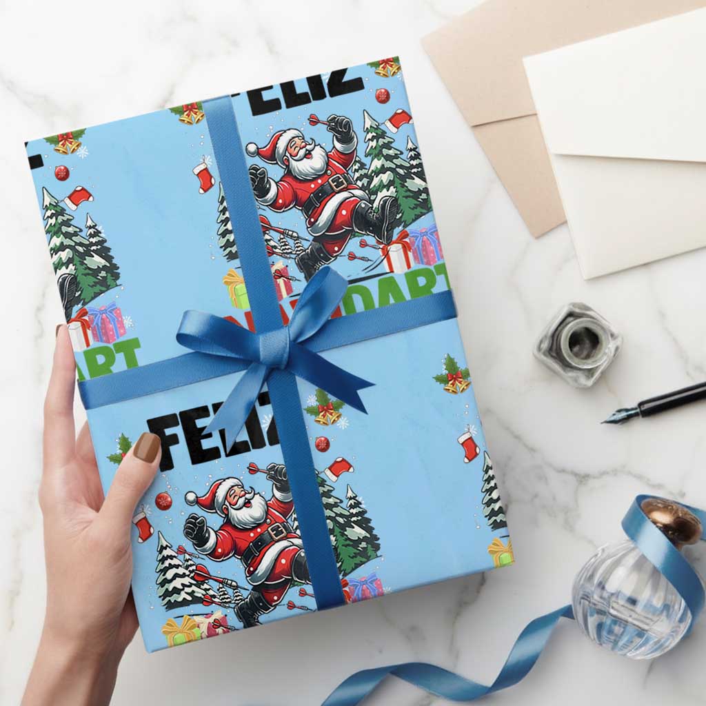 Dartist Feliz Navidart Wrapping Paper Roll Funny Santa Running From Darts Christmas Gift TS12 Light Blue Print Your Wear