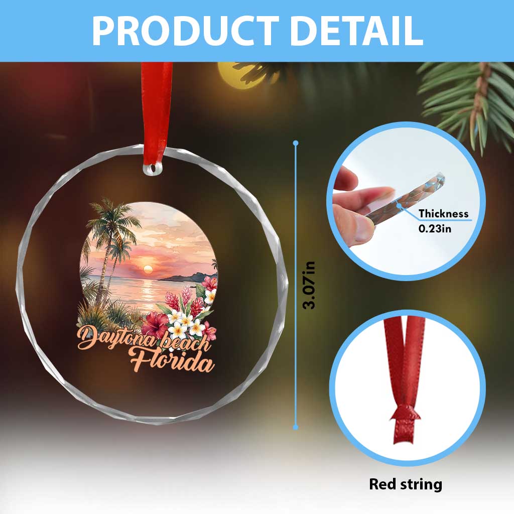 Daytona Beach Florida Crystal Glass Ornament Tropical Palm Tree Ocean Travel Gift