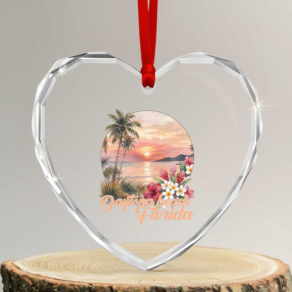 Daytona Beach Florida Heart Crystal Glass Ornament Tropical Palm Tree Ocean Travel Gift
