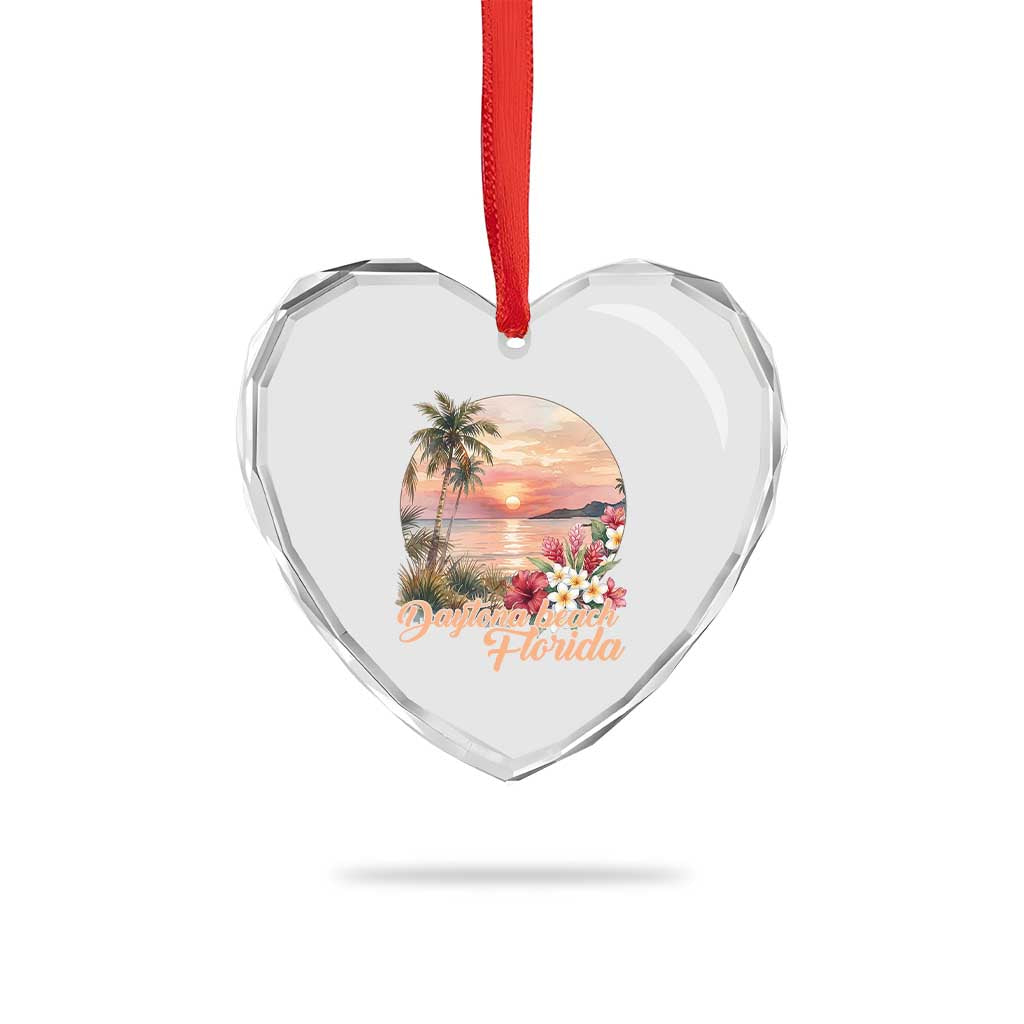 Daytona Beach Florida Heart Crystal Glass Ornament Tropical Palm Tree Ocean Travel Gift