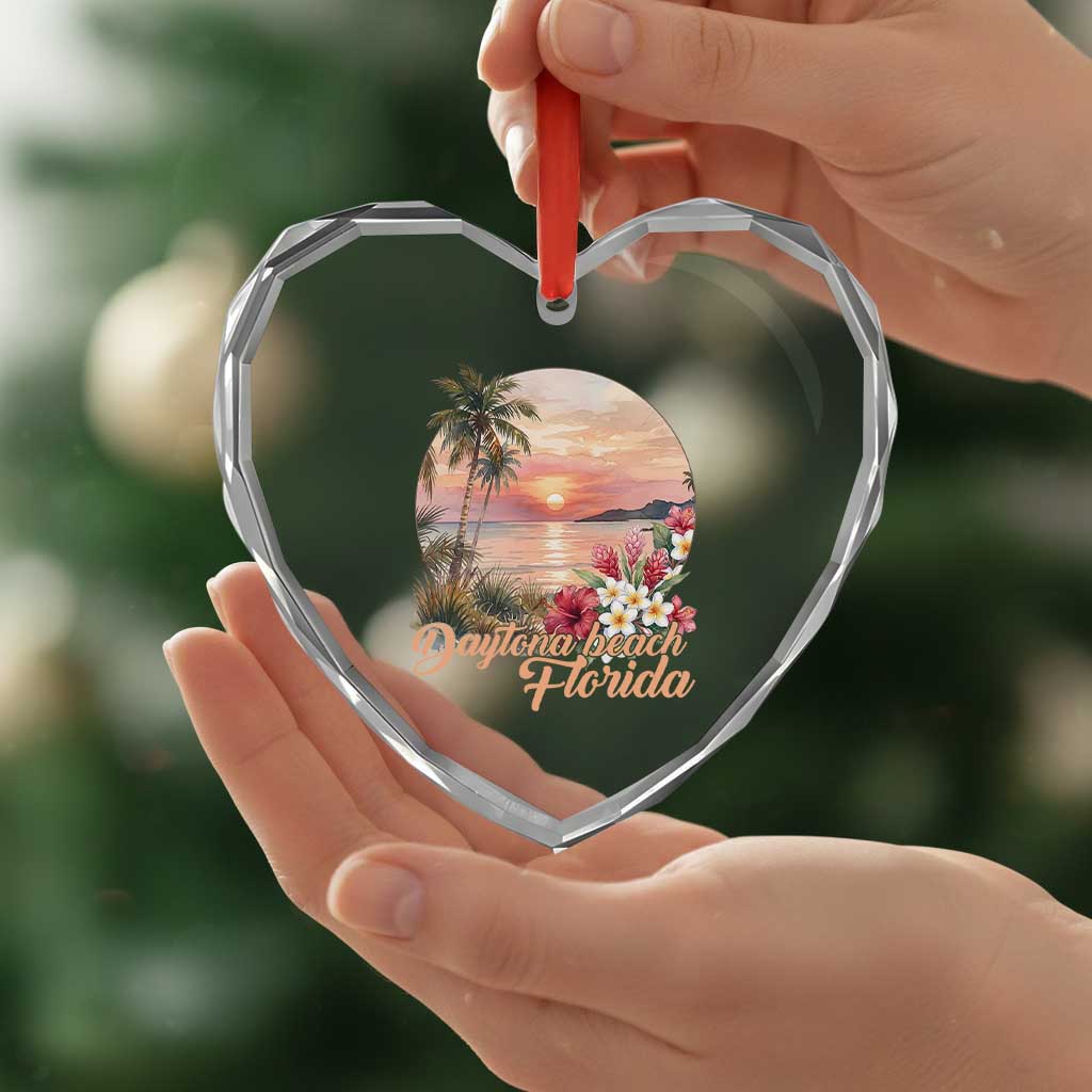 Daytona Beach Florida Heart Crystal Glass Ornament Tropical Palm Tree Ocean Travel Gift