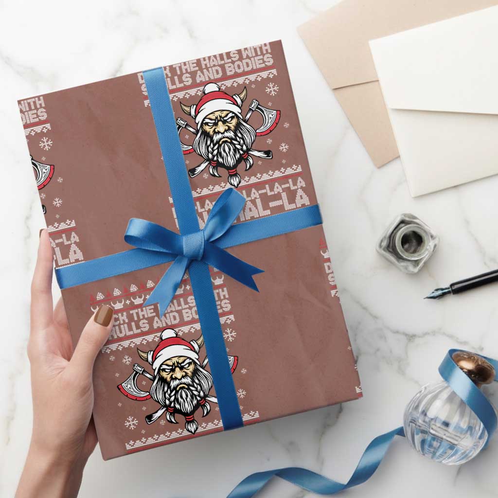 Deck The Halls With Skulls and Bodies Wrapping Paper Roll Viking Christmas Fa La La Valhalla TS02 Mocha Print Your Wear